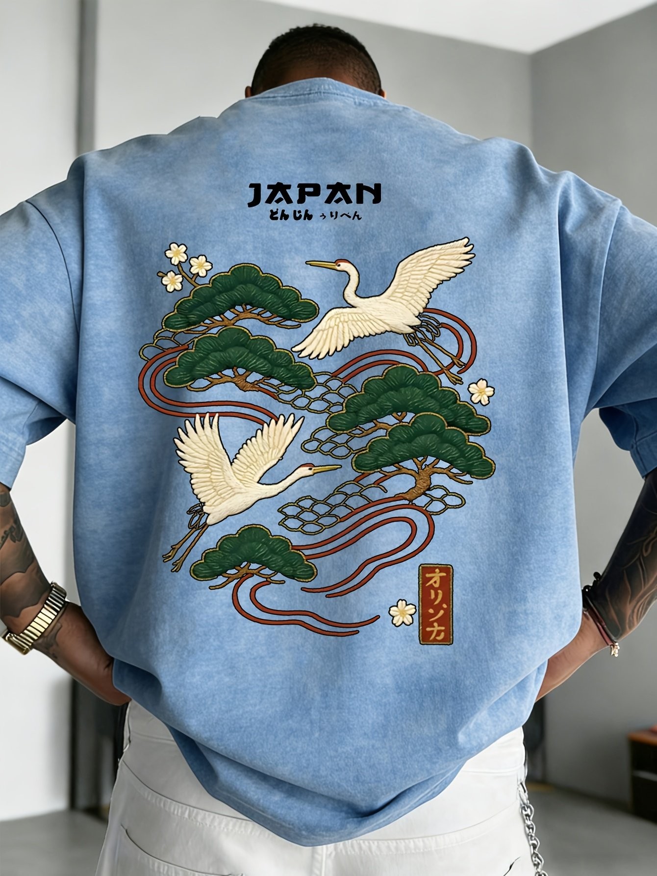 浅蓝松鹤背印T恤原图