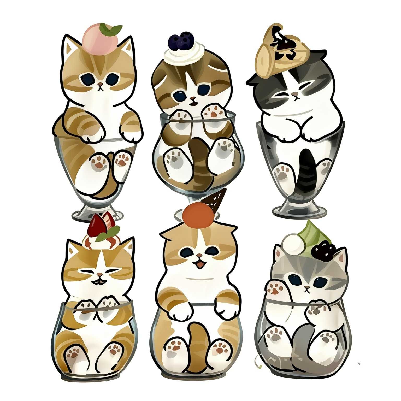 雨林凯AI智能抠图-6只猫咪杯装甜点插画去除背景透明底效果