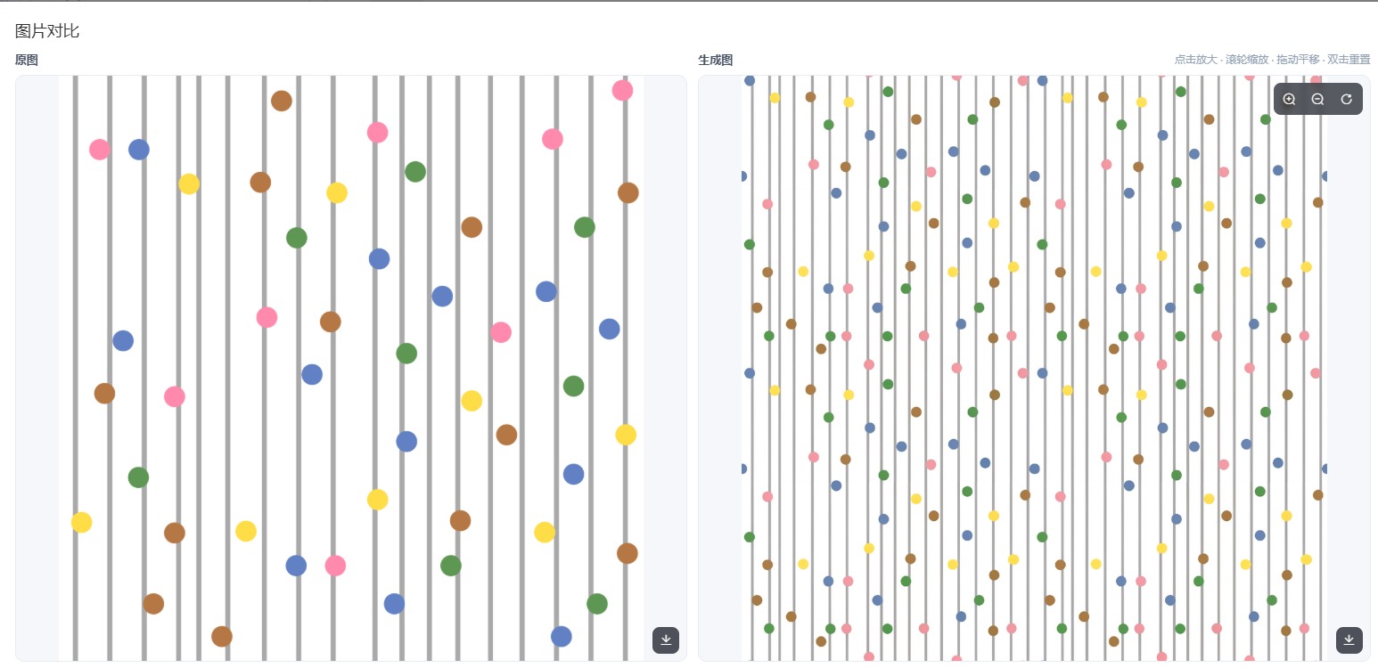 原图 vs 生成图：彩色圆点竖线四方连图，规律图案更容易保持秩序