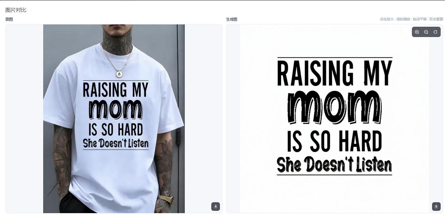 印花提取结果:白色T恤上的黑色文字图案「RAISING MY mom IS SO HARD / She Doesn't Listen」被提取成透明底PNG